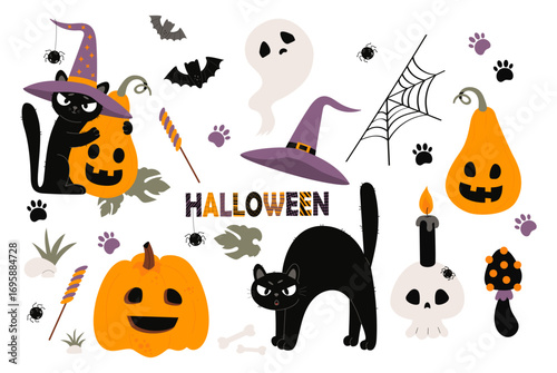 Cute Scary Halloween set. Black Cat In Witch Hat with Pumpkin jack o lantern, treat and Spooky Ghost, skull, spider, web, Bones, candle, bat and creepy mushroom. Isolated Vector illustration. Not AI