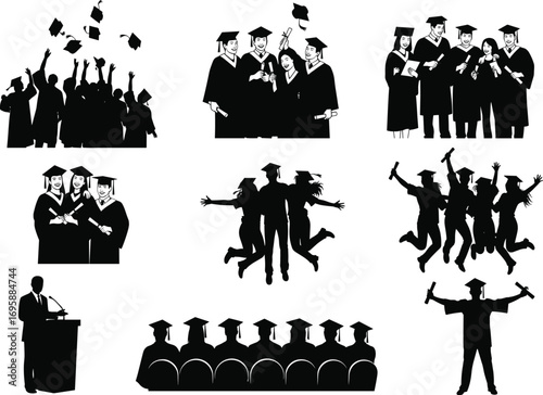 Graduation silhouette vector set, students celebrating, cap toss, diploma holding, podium speech, joyful jump, academic ceremony, black figures, education success