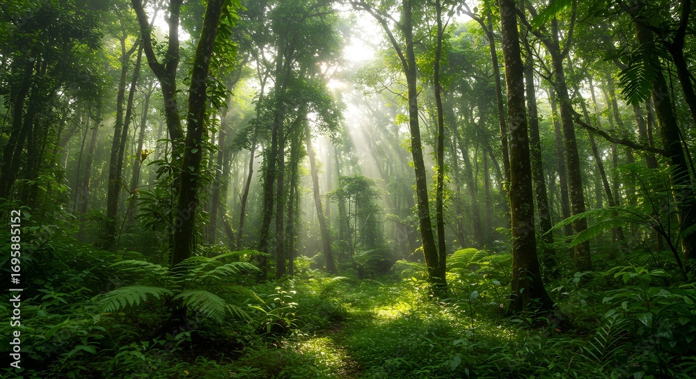 Obraz premium Dense rainforest with sunlight rays