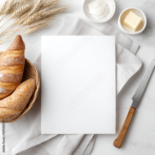 Menu mockup with blank paper surrounded by fresh bread, butter, cream, wheat and knife on white marble table, perfect for bakery or cafe presentation with cozy and inviting mood