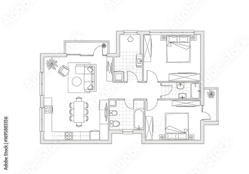 Modern apartment floor plan showcasing living, dining, kitchen, two bedrooms, and bathrooms with balcony