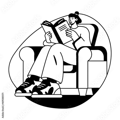 A glyph style illustration of a person reading a book 