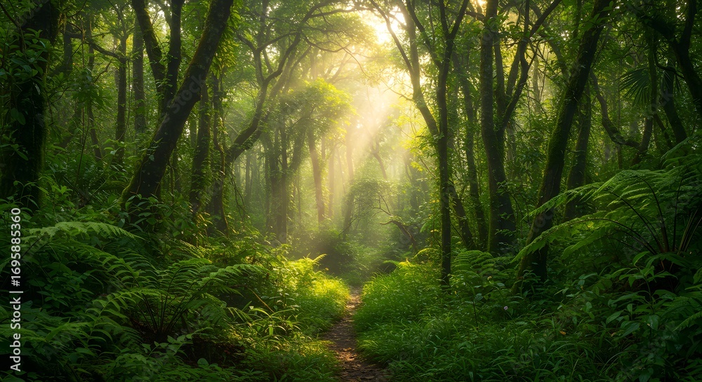 Obraz premium Dense rainforest with sunlight rays