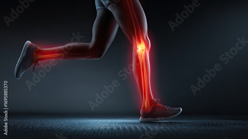 Runner with glowing red shin and knee pain, indicating a leg injury.
