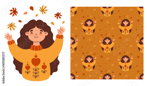 Cute Autumn Girl with leaves set. Seamless pattern with Female Fall Portrait on orange Background. Vector illustration for seasonal design, packaging, wallpaper and textile. Not AI