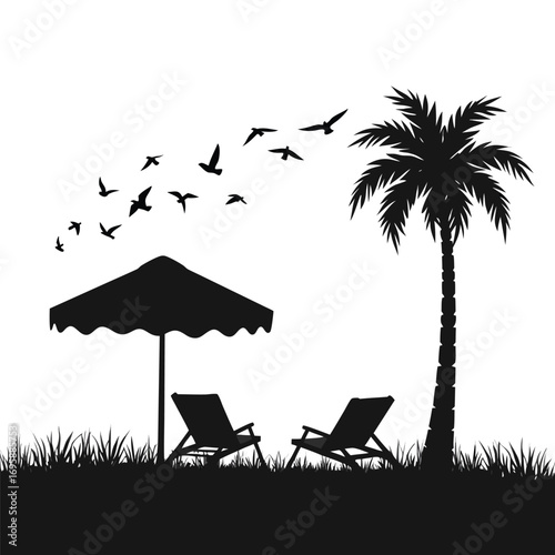 Beach umbrella silhouette with palm tree and flock of birds Keywords: beach, vacation, summer