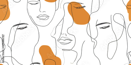 A minimalist seamless pattern featuring an abstract woman's face, suitable for various applications including textiles, fabrics, and wallpapers