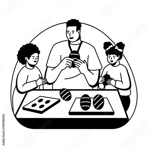 A father making easter diy with his children, glyph illustration 