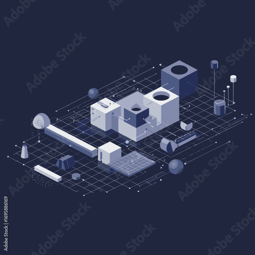 Futuristic Technology Concept with 3D Shapes and Grids