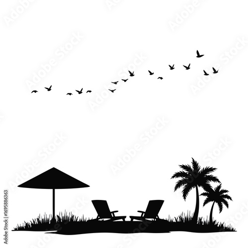 Beach vacation silhouette with palm trees and flying birds Keywords: beach, tropical, palm trees