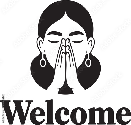 Elegant Black and White Image of a Woman in Prayer with the Word Welcome Underneath Depicted in Bold