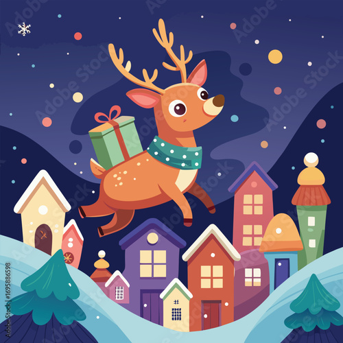 Cartoon reindeer flying over colorful winter village at night