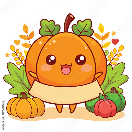 Kawaii pumpkin character with autumn leaves and banner