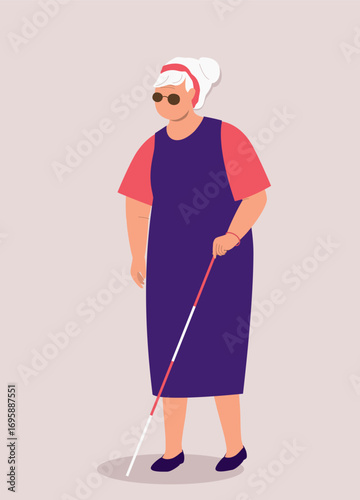 One Visually Impaired Elderly Woman With Sun Glasses Walking With White Cane.