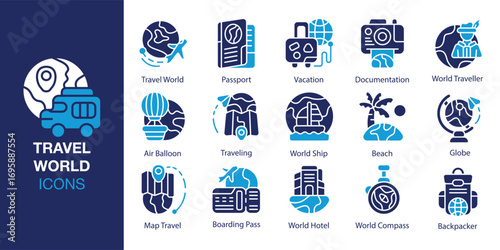 Travel World icon set. Containing travel, world, map, earth, globe, and more. Solid vector icons collection. Vector illustration.