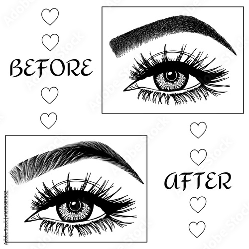 Illustration with woman's eyes, eyelashes and eyebrows. Makeup Look. Tattoo design. Logo for brow bar or lash salon. Before and after coloring care. Set of well-groomed and shaggy eyebrows.