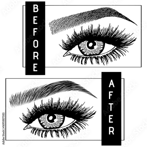 Illustration with woman's eyes, eyelashes and eyebrows. Makeup Look. Tattoo design. Logo for brow bar or lash salon. Before and after coloring care. Set of well-groomed and shaggy eyebrows.