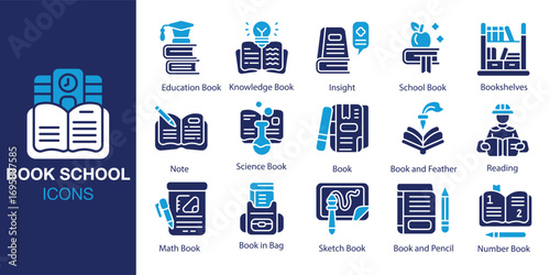 Book School icon set. Containing school, education, book, study, university, and more. Solid vector icons collection. Vector illustration.