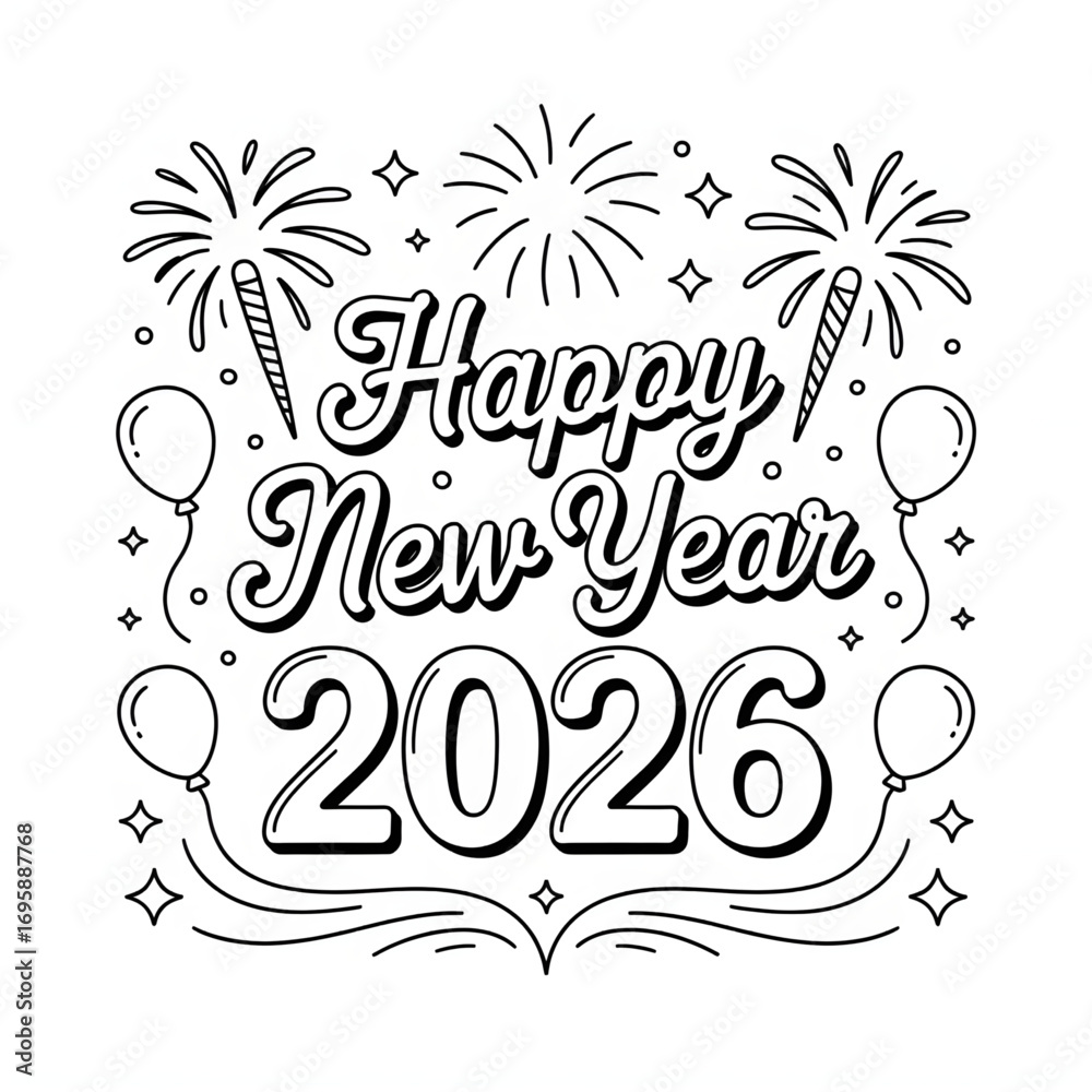 Naklejka premium New year 2026 illustration vector line drawing