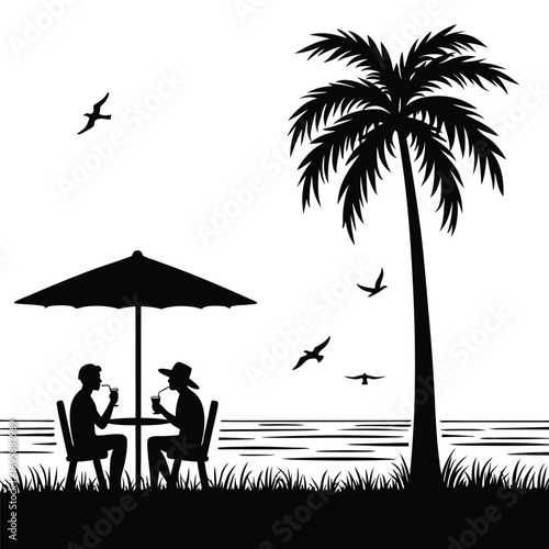 Couple dining under an umbrella by the ocean silhouette