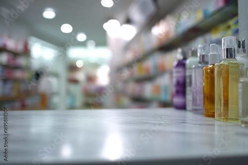 Wallpaper Mural Various beauty products displayed on a marble counter inside a pharmacy, creating a clean and organized presentation Torontodigital.ca
