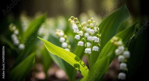 Delicate white lily of the valley flowers with vibrant green leaves blooming in a soft, sun-dappled forest setting. A beautiful symbol of spring and renewal.