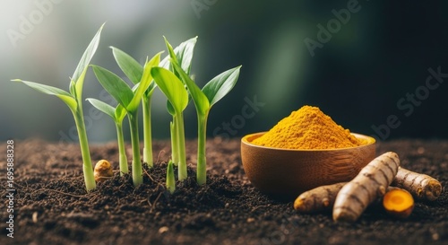 Young turmeric plants sprout from rich soil next to fresh turmeric roots and vibrant turmeric powder, showcasing its natural growth and versatile forms.