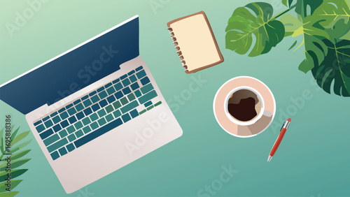 vector illustration of a laptop, notepad and coffee cup