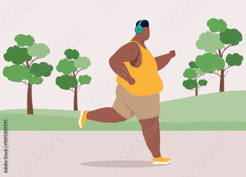Side View Of One Overweight Black Man Running While Listening Music With Headphones In The Park.