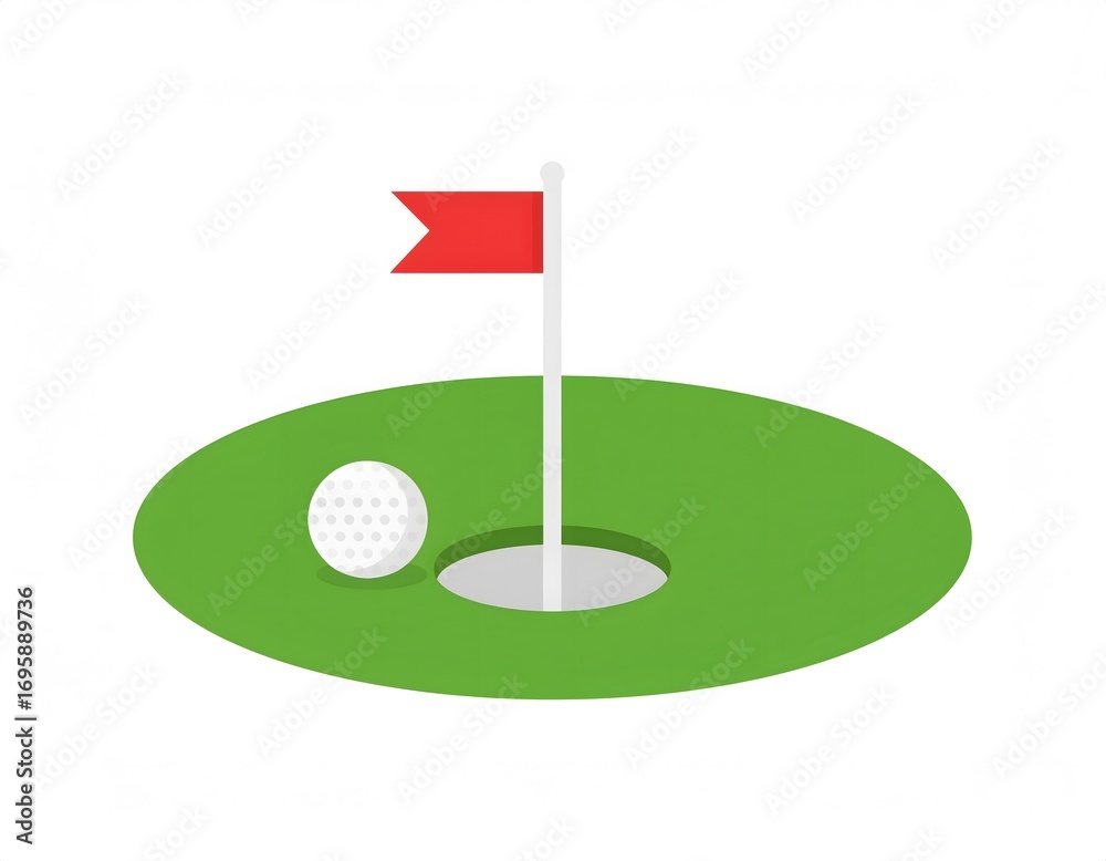 Fototapeta premium A golf ball rests near the hole on a green golf course, marked by a red flag.
