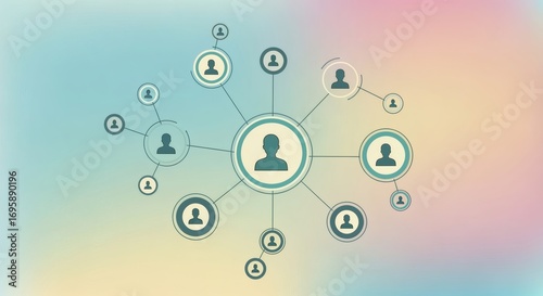 A modern abstract graphic of connected circles with network nodes with human figures at each link.