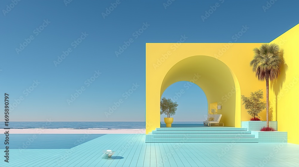 Obraz premium Minimalist Yellow Arch Architecture with Pool and Ocean View