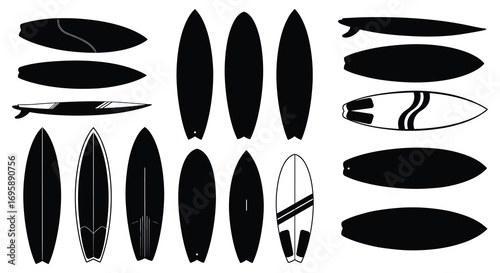 various surfboard designs and shapes displayed in black silhouettes