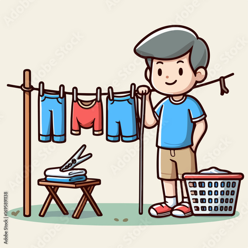 vector illustration of a person drying his clothes