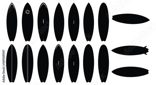 surfboards arranged neatly with fins displayed separately