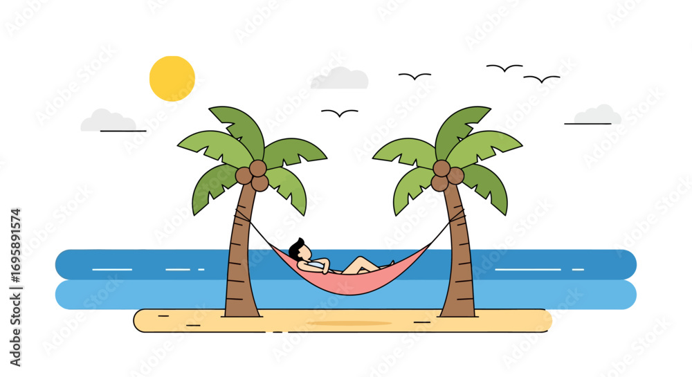 Fototapeta premium Flat Design Tropical Beach Relaxation Vector Illustration