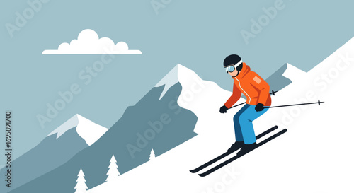 Minimalist Skier Descending Mountain Vector Art