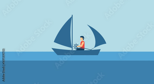 Minimalist Flat Design Vector Man Sailing on Calm Blue Ocean