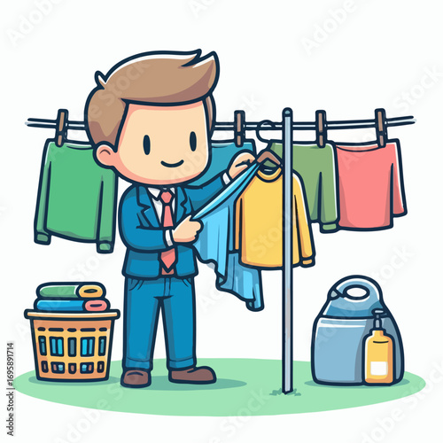 vector illustration of a person drying his clothes