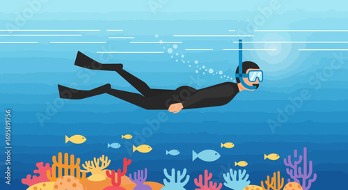 Flat Design Snorkeler in Vibrant Coral Reef Ocean