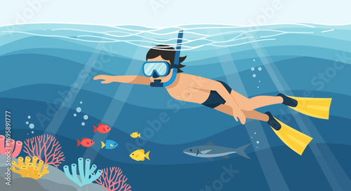 Flat Design Snorkeler in Vibrant Coral Reef Ocean