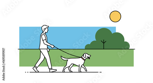 Minimalist Vector Illustration of Man Walking Dog on Leash