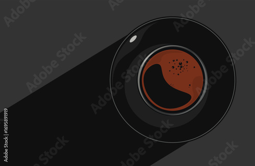 cup of  black coffee americano with foam and bubbles on a dark background. View from above. Menu, packaging design, poster, invitation card. vector illustration.