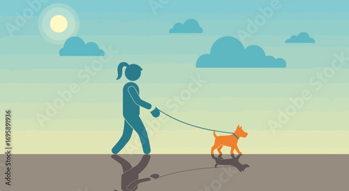 Minimalist Vector Illustration of Man Walking Dog on Leash