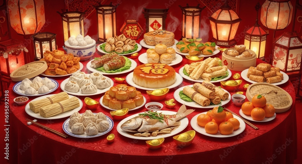 Naklejka premium A colorful New Year banquet display has symbolic dishes with realistic food textures.