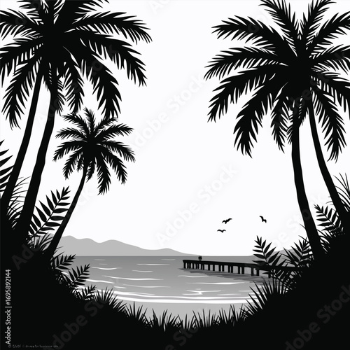 Distant mountains and a pier on the ocean framed by palms