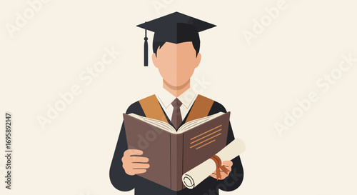 Graduation ceremony with a person in academic attire holding a diploma and an open book, symbolizing education and achievement