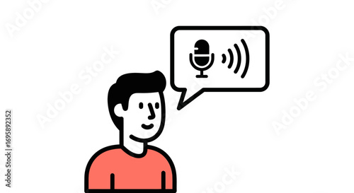 Illustration of a person with a speech bubble containing a microphone icon, symbolizing voice commands, audio recording, and communication