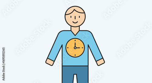 Conceptual illustration of a person with a clock on their chest, symbolizing time management, deadlines, and the human biological rhythm