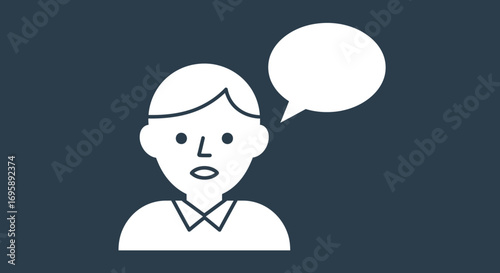 Simple line art icon of a person speaking with a blank speech bubble, representing communication, user feedback, or a personal opinion